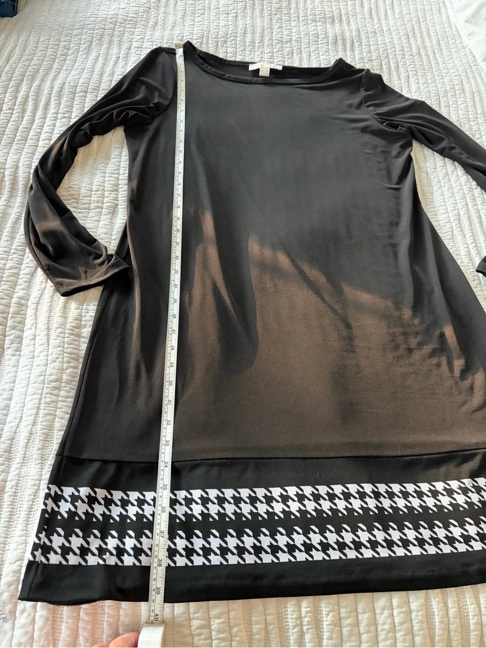 Michael Kors Black Long-Sleeve Shift Dress with Houndstooth Hem